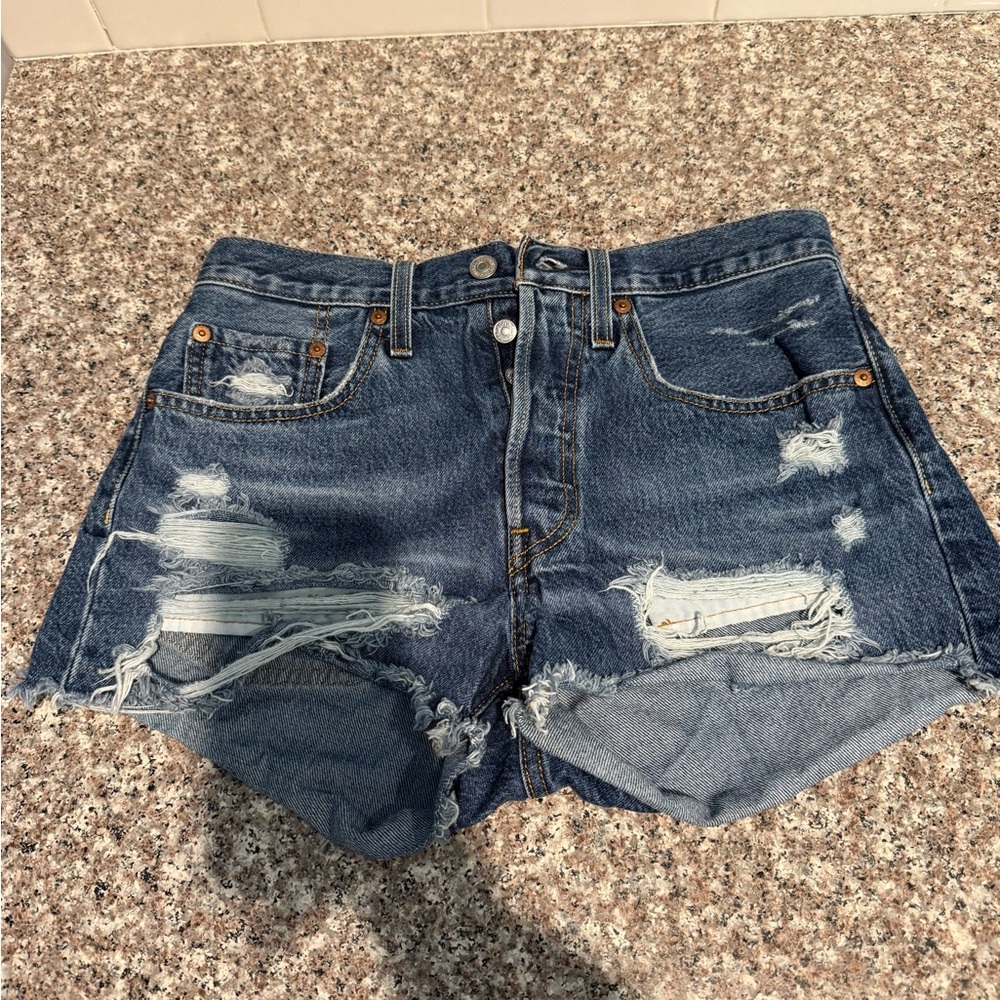 Levi's 501 Dark Blue Distressed Jean Shorts